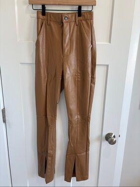 Abercrombie & Fitch Camel Faux Leather Pants with Ankle Slits